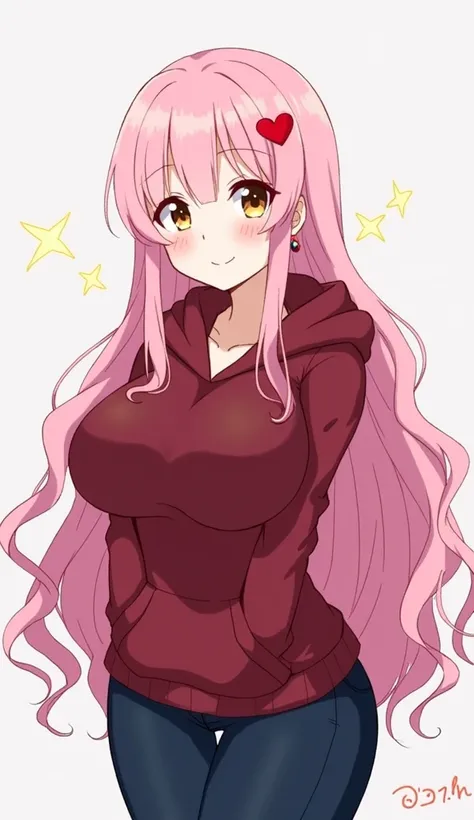 1girl, Solo, Long Hair, Breasts, Smile, Looking at viewer, Pink Hair, Wavy Hair, Large breasts, Thicc thighs, Blush, Hazel Eyes, Heart Earrings, Sparkle, Maroon red hood, Hood Down, Heart Hair Ornament, dark blue jeans, Anime, Anime Style