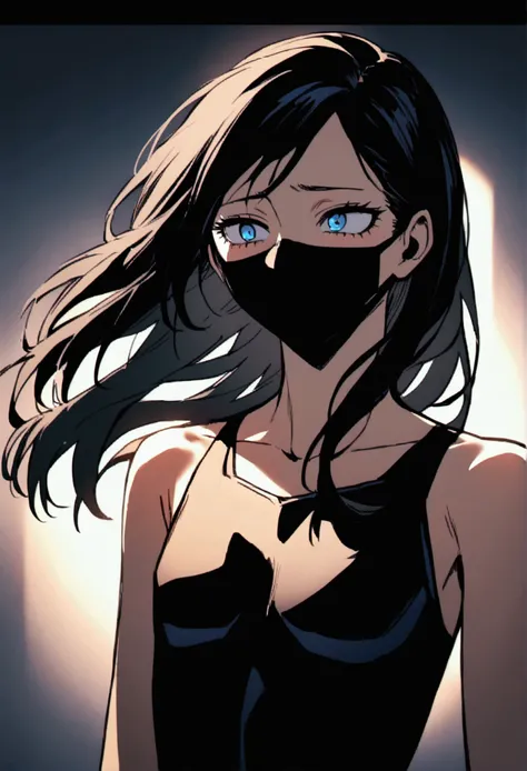 My hero academia, girl, black long hair and blue eyes, thin body, has a face mask on, flat chest, tired eyes