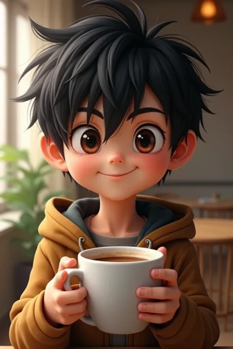 A portrait with short messy black hair young boy, holding a cup of coffee, with a blurred scenery behind. make it realistic.