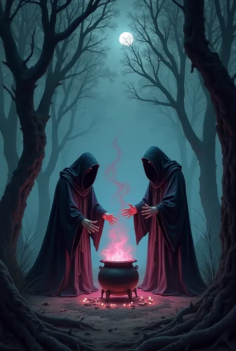 2 sorcerers ,  with long tunics ,  heel,  that cover their faces ,  somewhat hunchbacked ,  in the woods,  at night,  all around a cauldron ,  making positions ,  that some pink smoke comes out of the cauldron, them from the side looking forward, Dark fant...