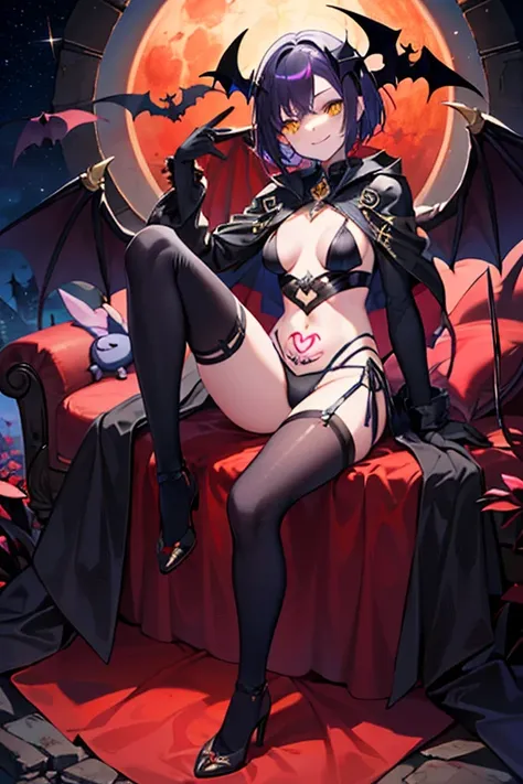 (( best quality )), (( masterpiece)), ( Details),1 girl,Black Purple Hair ,Short hair, yellow eyes, The eye is a black star.,Yellow Devils Mountain , small breasts,Evil Smile,The wing of the bat , has a black star tattoo,Full body 