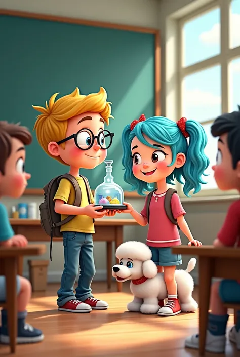 a boy  with blond hair and glasses and a girl with light blue hair and a poodle dog in the classroom.  they show their machine to the other s. The teacher is looking with curiosity. animation style