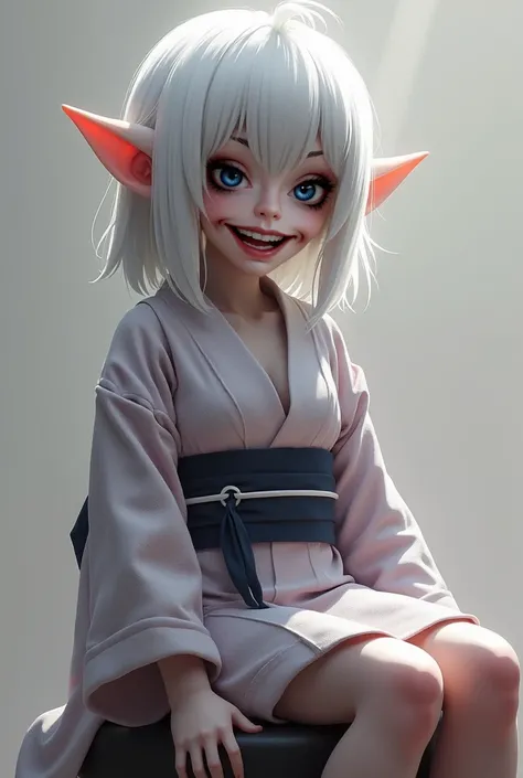 girl with grey skin, pale eyes without iris and pupil, sharp pointy teeth, pointy ears, white hair, sitting on the stool in yukata, deep cleavage, smile with visible sharp teeth, semi-realistic style, 2.5d style, clear gradient background, blured backgroun...