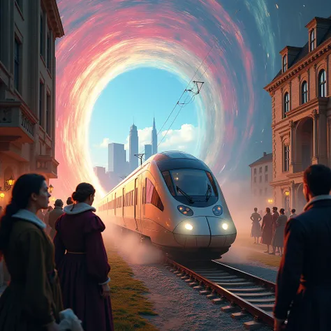 (View 3 /4),  we see a modern train passing through the energetic portal (  a huge swirl of energy paving the way from the future to the past  ),  the front of the train and the first carriage find themselves in the 18th century world ,  ancient buildings ...