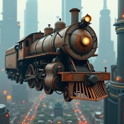 masterpiece,An antique steam locomotive（rusted and weathered）runs through the skies above a futuristic neon city, best quality,  high detail,  HD Model, digital art , 8k