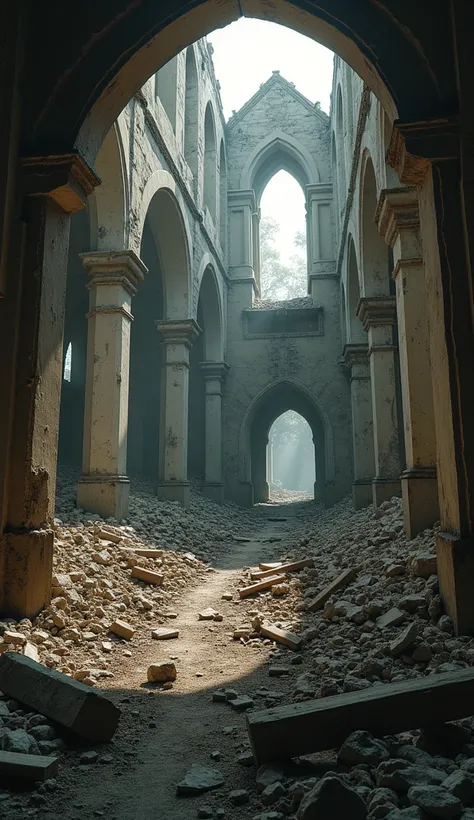 A bombed-out Church with shattered walls and broken wall. Myanmar civil war, high quality, 8K Ultra HD, Cinematic.