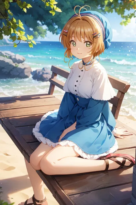 A beautiful girl sitting on a wooden table on the beach, anime girl, with a bouquet of flowers in her hand, under a tree, floral yellow summer dress with detailed ruffles, no sleeve, detailed lace, (spread your legs, white panties), sandals, big rounds bre...