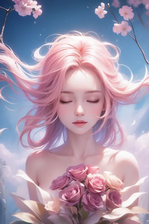  high quality，4K， Detailed Details，dream， super realistic ，Upside down ，Parallel Worlds， girl falls from the sky， long gray hair ， vertical drop ，  with eyes closed  ， stay quiet ，Girl in the Clouds， pink light and shadow ，