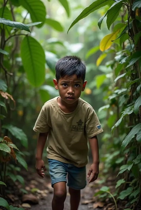 Real photo of a ten-year-old Venezuelan boy with black and white skin wearing denim shorts and beige t-shirt walking in the middle of a tropical jungle with tears in his eyes, very distressed, trying to find a way out. 