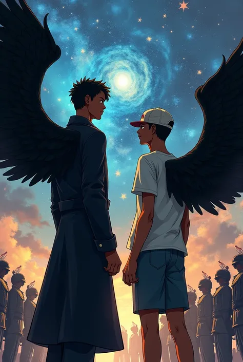 Two brown boys ,  one of them wearing a black overcoat and the other wearing normal shirts and a cap, they have black wings ,  and are about to be executed by the Navy ,  in the universe theme of One Piece 