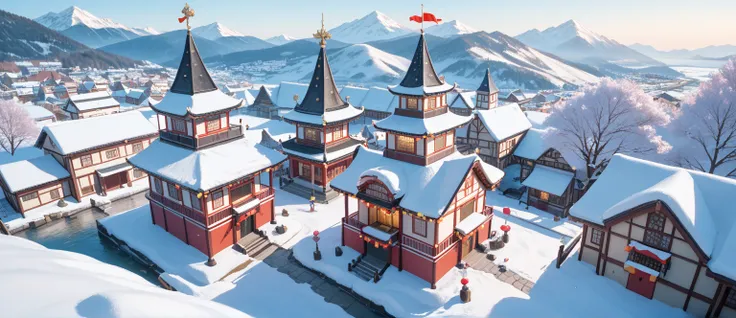 The view from above shows an open space in the middle, surrounded by Thai-style houses. There is a New Year
Style: The style of the image is characterized by a vivid and stylized animation aesthetic, commonly associated with video games or animated films. ...