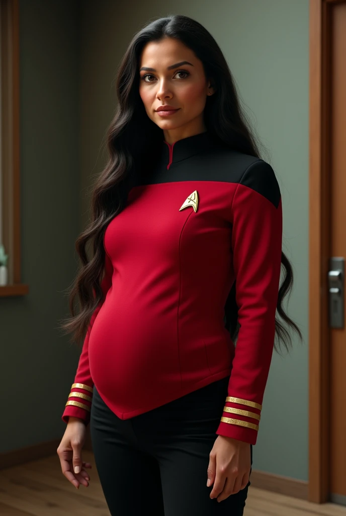 photo-realistic Disneys Pocahontas in classic red Star Trek outfit with black pants pregnant