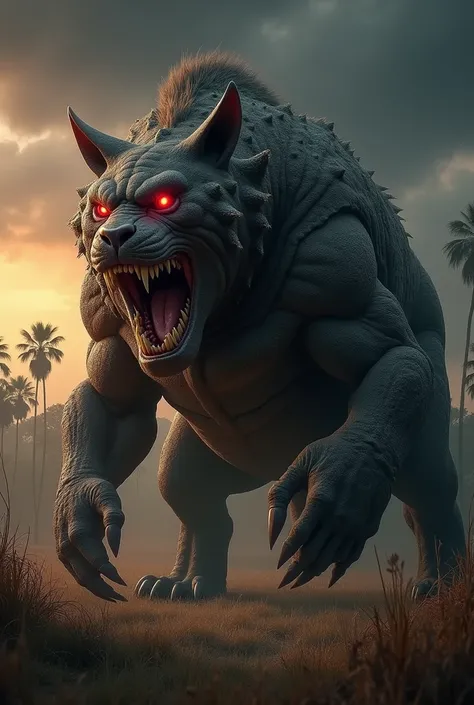 Create a hybrid monster body with Glyptodonand Saber-Toothed Cat, wide shot, muscular body, large teeth,red and large eyes, background jungle trees are so far and dry grass,sunrise and black clouds,