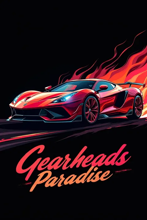 An art with a black background, a sports car in the center and the name Gearheads paradise below the image. 