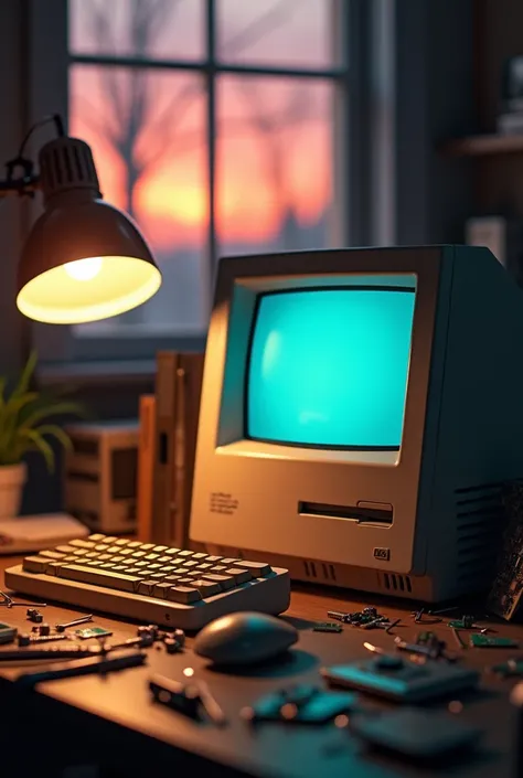 "A realistic photo of a vintage Macintosh SE/30 computer on a desk alongside its keyboard and mouse. The desk is scattered with various computer repair tools such as screwdrivers, pliers, and circuit boards. A desk lamp provides focused lighting on the wor...