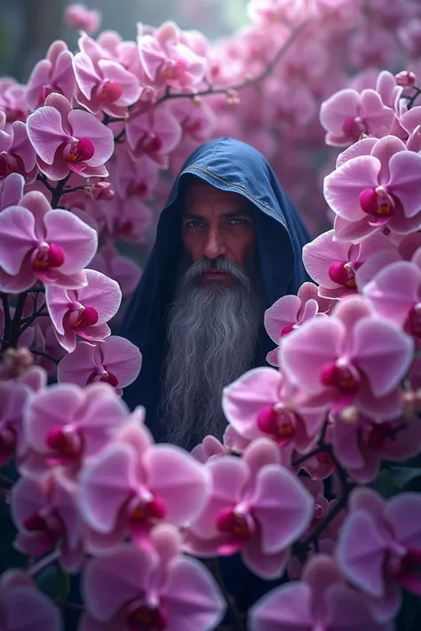 Image with lots of pink orchids and lots of lilac orchids and a mysterious and intelligent wizard hidden 