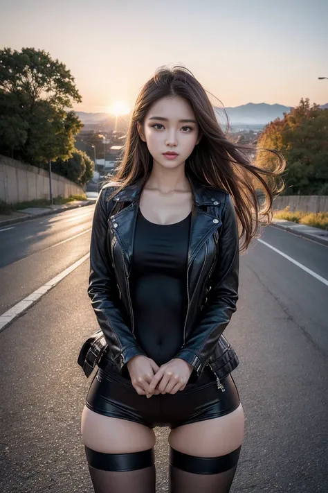   Woman riding a bike  ，  beautiful woman ，  Light brown long hair  ， Full Scene Shooting ，  Top Quality ，sunset，stairs，frightened， Looking at the sky ，  beautiful woman，Outdoor scenes，  dark brown hair  ，Natural scenery，autumn， leather jacket ，Belly burst...