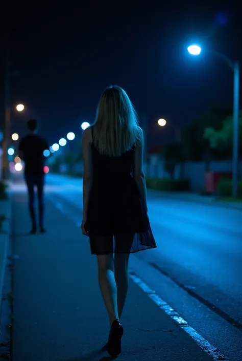 a blonde teenager with long hair 
in a deserted street 
its nighttime with a black dress and black heels
in the background we see the shadow of a man
she and in a standing position she walks 
she is afraid
the lights are blue
the lights are dimmed