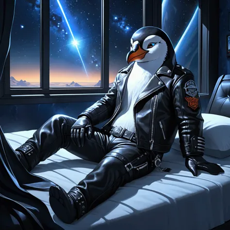 Closeup, an extremely badass anthropomorphic penguin wearing an insanely cool black leather Harley Davidson biker jacket open, black leather biker gloves, black leather biker pants in a sweet slumber. The rooms sole illumination, a windows ethereal blue gl...