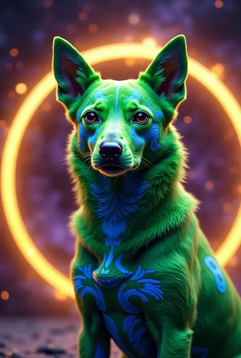 Green Martian dog with blue details on its body for impact make the image with circular and golden border make the background of the image similar to portals with purple and orange tones the image must be in the format of a cryptocurrency. such as Bitcoin