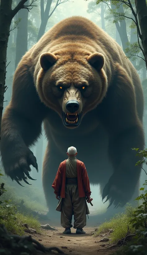 An old Japanese man is attacked by a bear