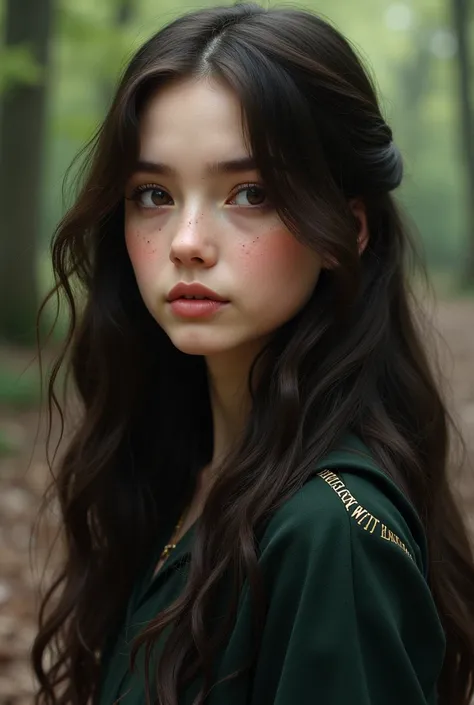 Women. . oval face, soft proportions .  Long wavy dark brown hair.  brown eyes , grandes y expresivos.  small nose , delicate.  Natural pink lips ,  extra long hair .  Ravenclaw uniform dress .