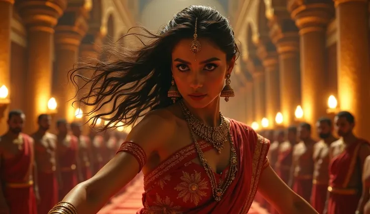 "Ultra HD, very clear, realistic, 4K quality image of a beautiful woman with expressive eyes, traditional (maang tikka, earrings, necklace), wet hair, and traditional attire, seated by full sexy body in,"A grand royal hall inside a palace, filled with cand...