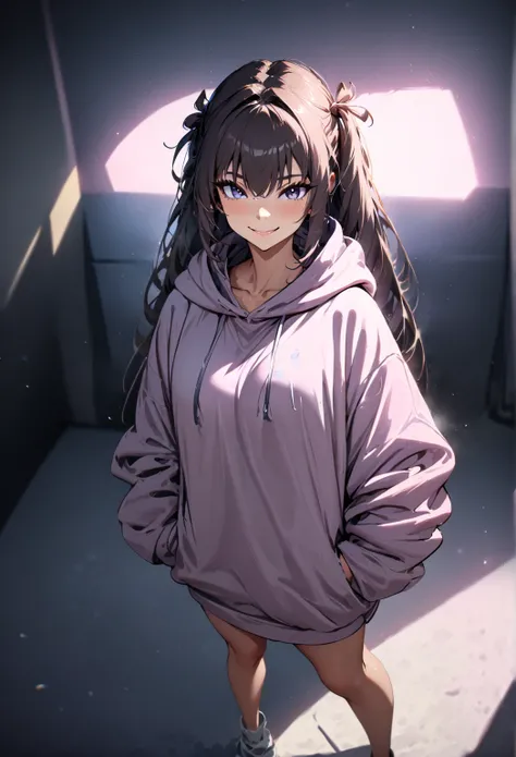 (masterpiece:1.2,  best quality), ( high definition),    1 girl  , Long legs,  twin tails,  oversized hoodie,  standing, smile, Volumetric Lighting, Best Shadow,  shallow depth of field, (  best quality , Amazing Details:1.25), 