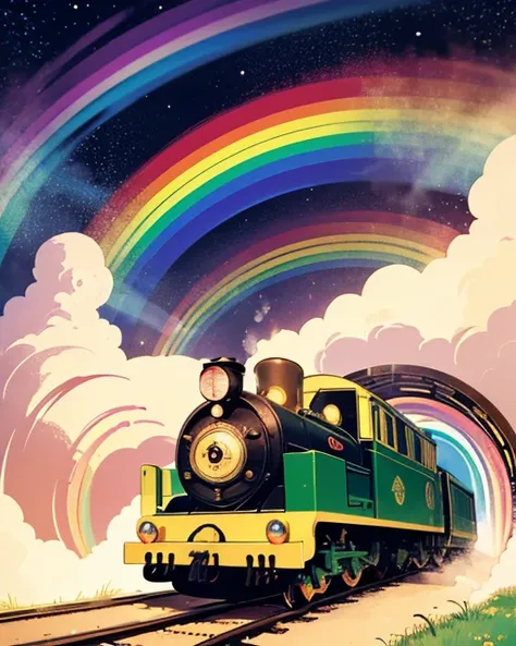 masterpiece，Illustration，Chibi character，cute，Baby kitsune， Ride a locomotive that emits rainbow-colored smoke 、background；Rainbow Spiral Tunnel ， the clock is visible in the tunnel 、Get through the tunnel，