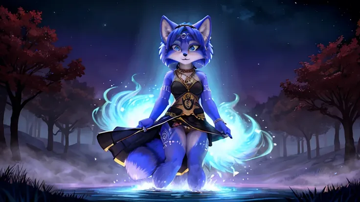 a picture of ((krystal)), Star Fox-Krystal, lovable, green eyes, ((( long blue hair 1 .3))), Decollete, anthro, Fuzzy,  detailed Fluffys fell,  detailed face , (Fluffy), Alone,    dark clothes 、dark good、dark skirt、 Best bust、Ravine、Luck、A slender、provocat...