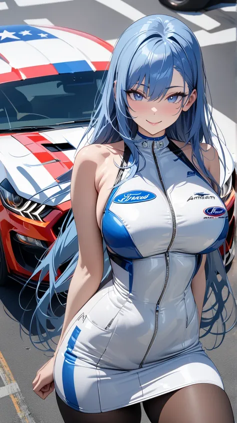  masterpiece  , modern, Verism,  masterpiece , Super detail, best quality, 4k ,((adult face)), woman,Wearing a white coat, Mature woman Blue Eyes Blonde 
Blue hair,  American plane,  long hair ,  Big breasts,  blue eyes,Smile Race _ Queen Sexy Ford Mustang...