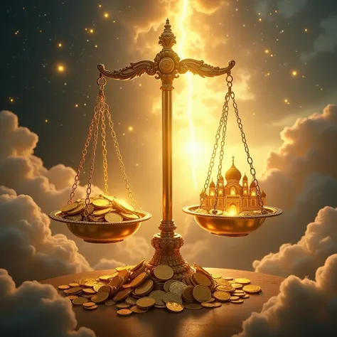 A symbolic depiction of a divine balance with one side glowing with golden light, filled with coins and jewelry, representing selfless charity. On the other side, a heavenly palace is shown, shining brightly in the clouds. The image conveys the message tha...