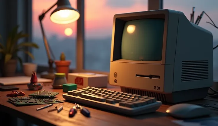 "A realistic photo of a vintage Macintosh SE/30 computer on a desk alongside its keyboard and mouse. The desk is scattered with various computer repair tools such as screwdrivers, pliers, and circuit boards. A desk lamp provides focused lighting on the wor...