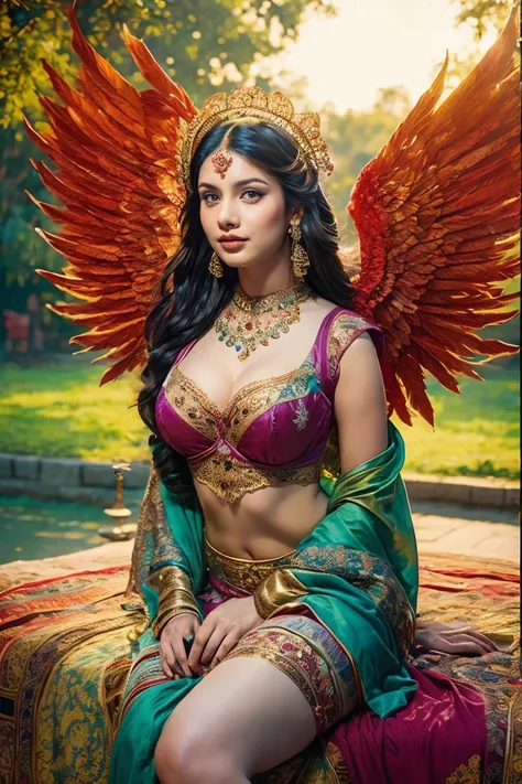 A very beautiful  Indian girl is sitting in a park in a filmy style wearing lingerie, big breasts, wearing wings, Ranis aasan in the background, village girl, wearing a sari on her shoulder