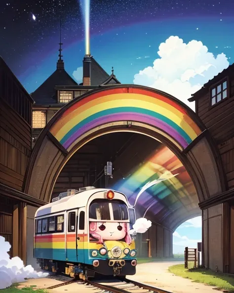 masterpiece，Illustration，((Chibi character，cute，Baby kitsune))， Ride a locomotive that emits rainbow-colored smoke 、background；Rainbow Spiral Tunnel ， the clock is visible in the tunnel 、Get through the tunnel，