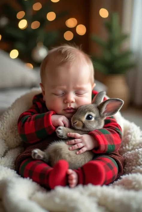 Newbornbaby is wearing xmas clothes and us cuddeling a tiny rabbit