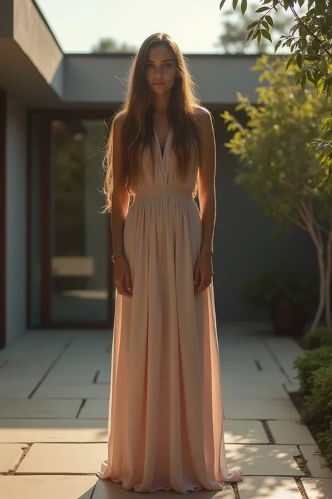 An photography of a 40-year-old woman, she is 4 meters tall, she has wide hips, she has very long and straight hair, she is beautiful and attractive, mi She is wearing a long dress, It is located in the courtyard of a minimalist house, full body photograph...