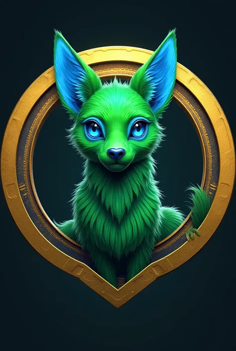 make a green Martian dog with blue details make the image with circular and golden border and place the dog in the center of the circle the image must be in the format of a cryptocurrency. such as Bitcoin