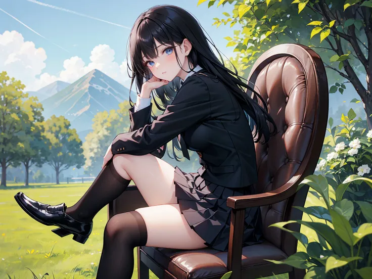  Long straight black hair , School Uniform,    blue eyes ， black leather shoes，  black pleated skirt  ,   black stockings ,  black leather shoes,   sitting in a chair  ，HEALTHY SKIN , Outdoor scenery, Green leaves and blue sky, Bright natural light    ,   ...