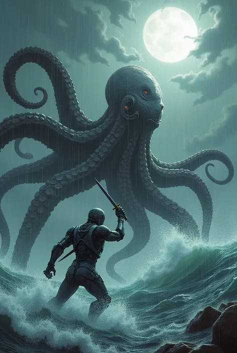 a robot, with humanoid appearance,  fall into the sea with a sword in one hand , at sea,  digging the head of an octopus,  some rain surrounding it ,  and with a hole in the sky , Let , dark fantasy 