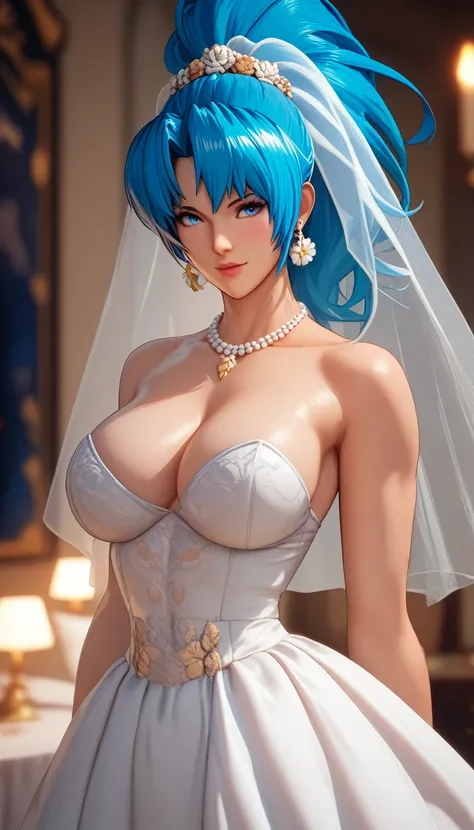 Blue Hair、Mature Woman、leonakofdg、Blue eyes、Shiny Hair、Tight waist、Small waist、Glowing Skin、 Gold wedding dress、eight-headed body、Beauty、