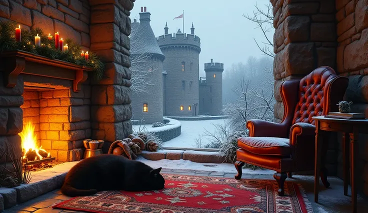 Inside a warm, cozy room of Edinburgh Castle during December, a frosted window reveals the iconic exterior of Edinburgh Castle’s towers and stone walls, lightly dusted with snow. The room features a roaring fireplace with holiday garlands and candles on th...