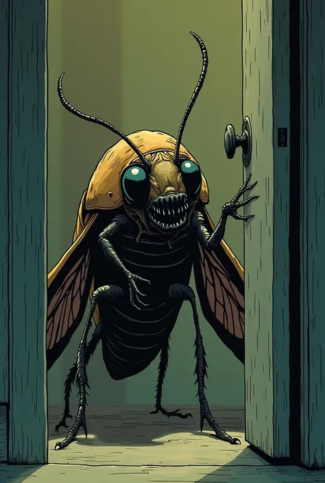 An insect with a mans face ,  peeks out of a bedroom door, Animated image for comic