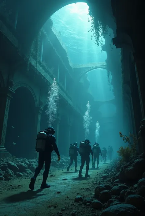 Divers exploring a sunken luxury liner