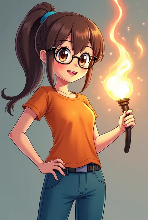 Create a girl, with ponytail, brown hair, brown eyes and glasses,  with blue pants and orange shirt , anime style, to make ,  appear with a magic wand ,  the giant letters of "Díaz Productions ", toward the center of the image .