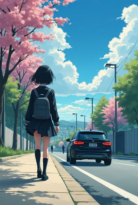 An 18-year-old girl with short black hair ,  looking at a landscape of a city when she returns from school, He is wearing a school uniform, The landscape is spring with a beautiful sun , Then you notice that a black car is coming, that car gets closer to h...