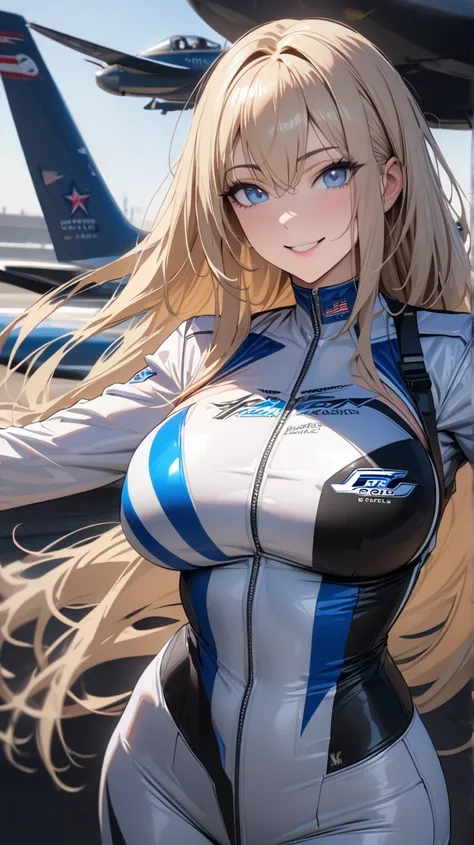  masterpiece  , modern, Verism,  masterpiece , Super detail, best quality, 4k ,((adult face)), woman,Wearing a white coat, Mature woman Blue Eyes Blonde 
Blue hair,  American plane,  long hair ,  Big breasts,  blue eyes,Smile Race _ Queen Sexy Ford Mustang...