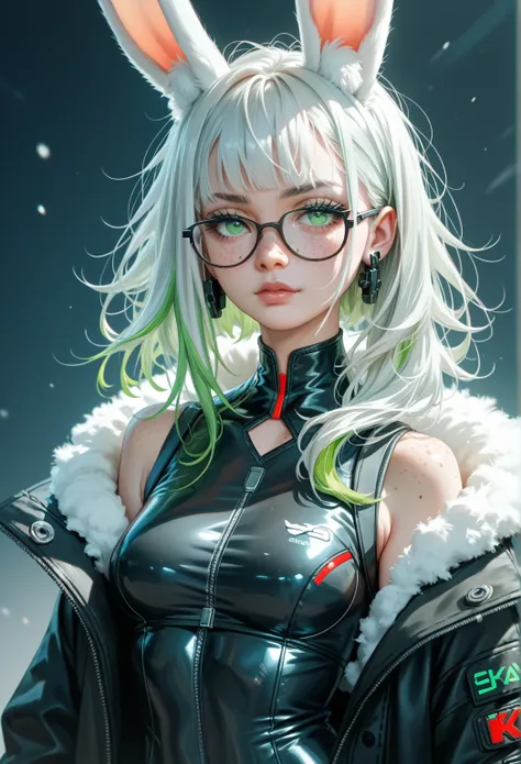  A hybrid rabbit ,  pale skin with freckles ,  Gray green eyes , with white rabbit ears ,  messy white hair with light green highlights,  herself wearing glasses. she has , Wear tight black Cyberpunk costumes covered by a big black coat. anime art style 