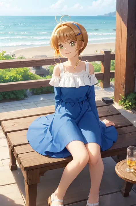 A beautiful girl sitting on a wooden table on the beach, anime girl, with a bouquet of flowers in her hand, under a tree, floral yellow summer dress with detailed ruffles, no sleeve, detailed lace, (spread your legs, white panties), sandals, big rounds bre...