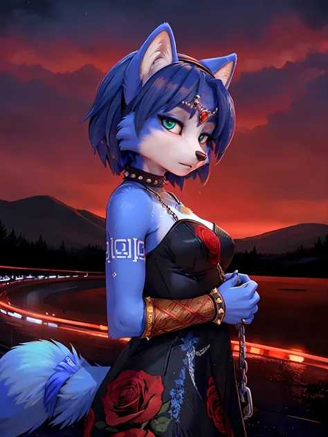 a picture of ((krystal)), Star Fox-Krystal, lovable, green eyes, ((( long blue hair 1 .3))), Decollete, anthro, Fuzzy,  detailed Fluffys fell,  detailed face , (Fluffy), Alone,    dark clothes 、dark good、dark skirt、 Best bust、Ravine、Luck、A slender、provocat...